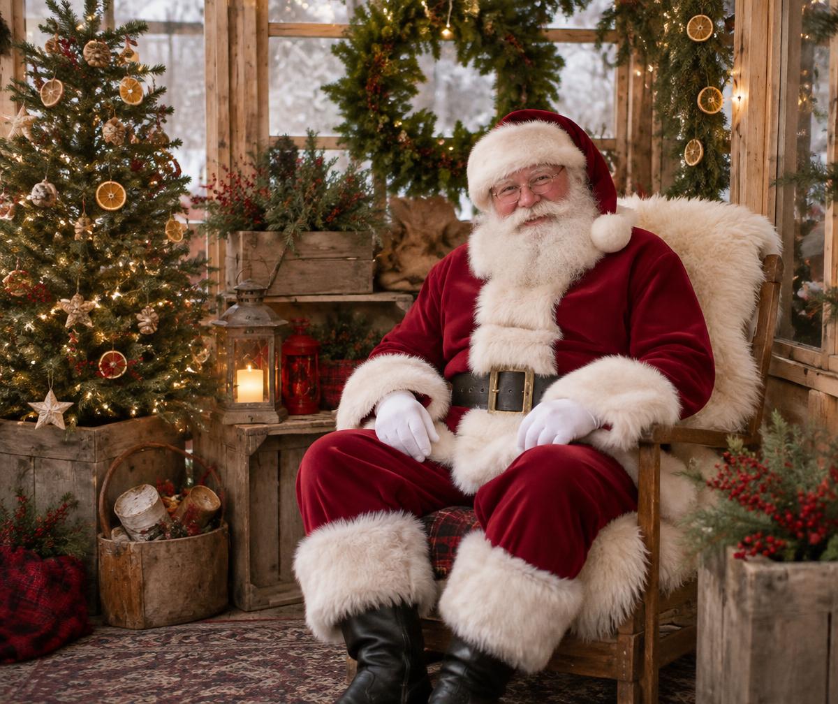 Illustrative Santa nook with greenery and twinkle lights